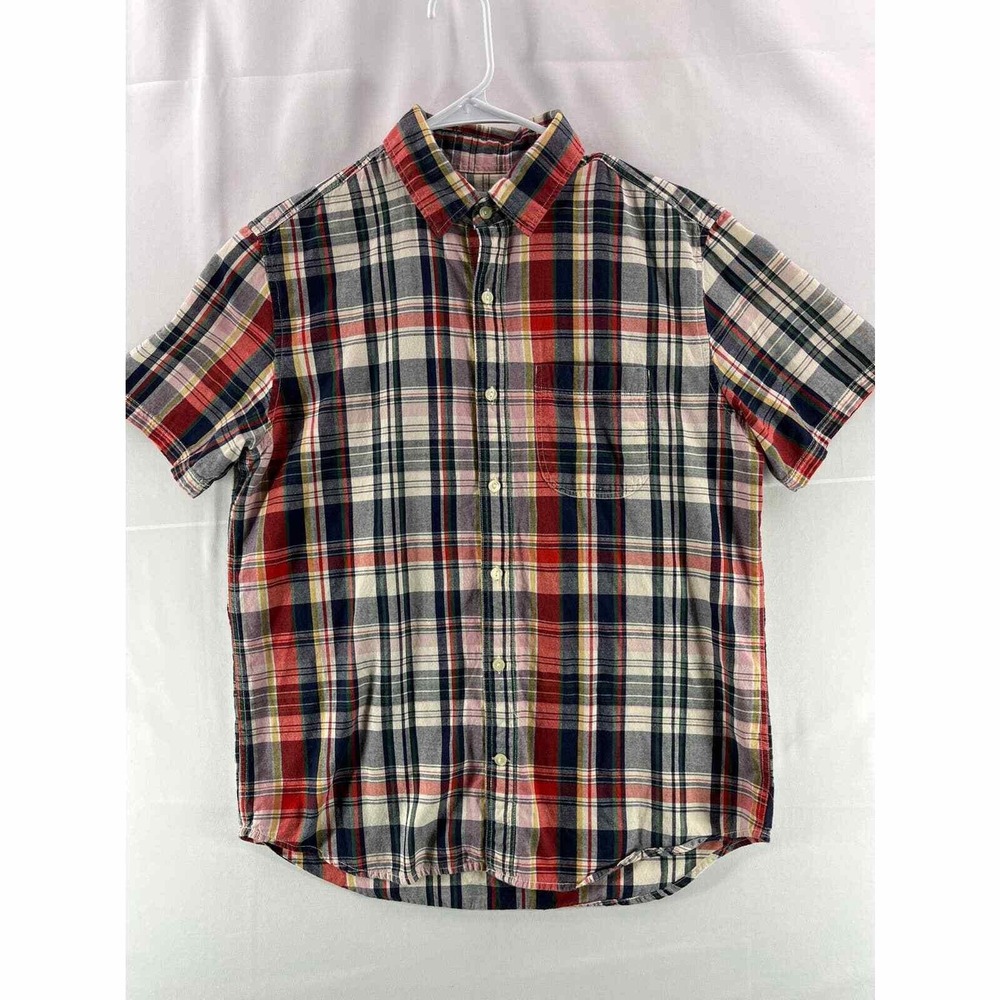 Gap Mens Button Down Shirt M Red Plaid Standard Fit Short Sleeve Collared Pocket